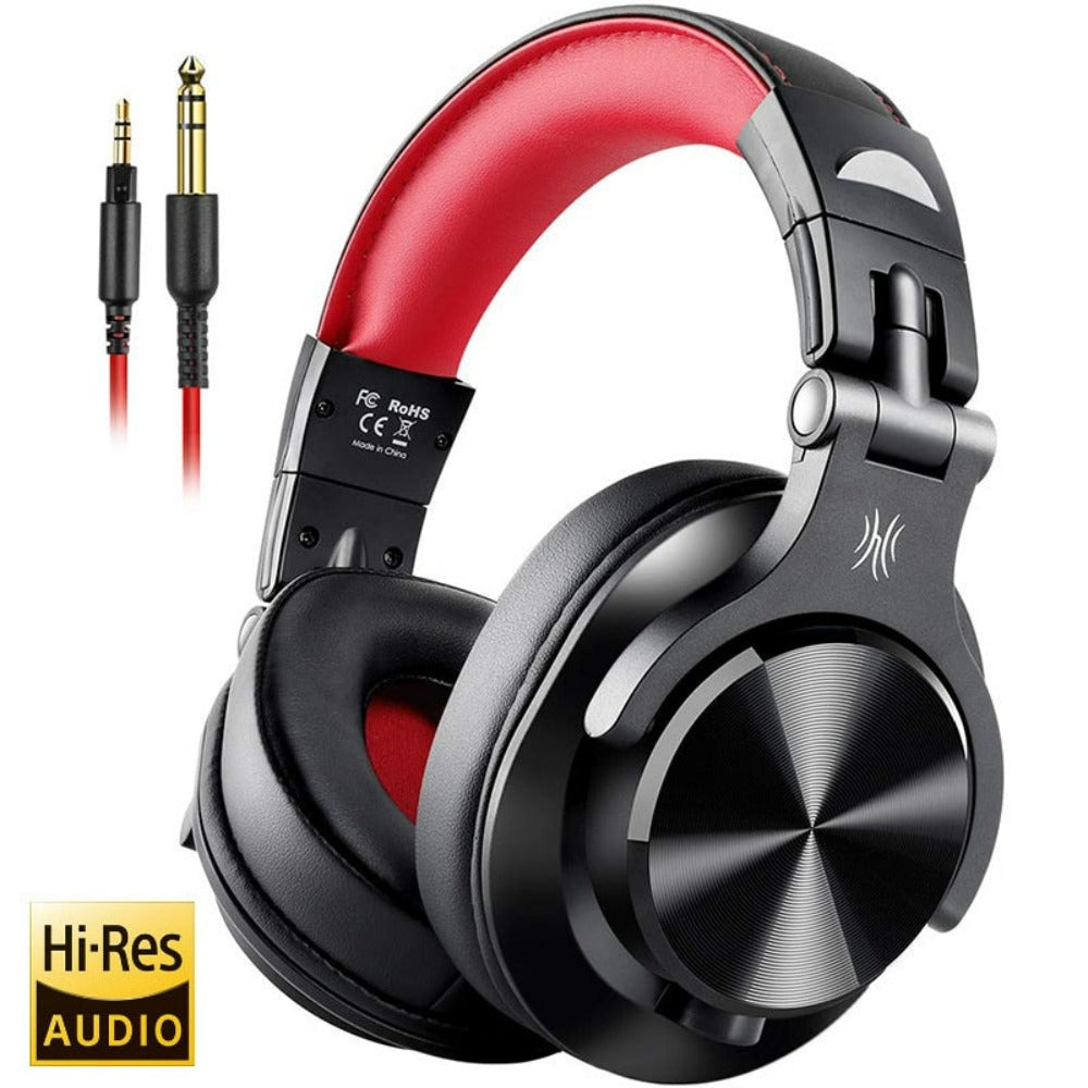 Black and red headphones with audio cable on a white background