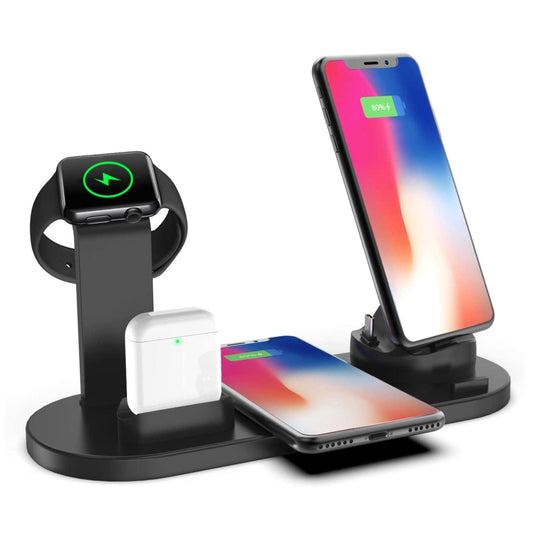 Black multi-device wireless charging stand with smartwatch, phone, and earbuds on a white background