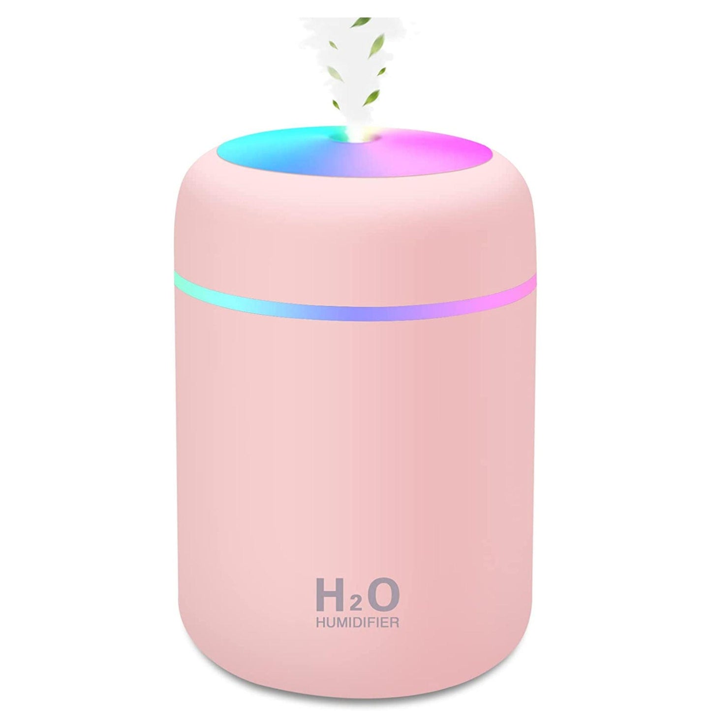 Pink humidifier with colorful LED lights on a white background