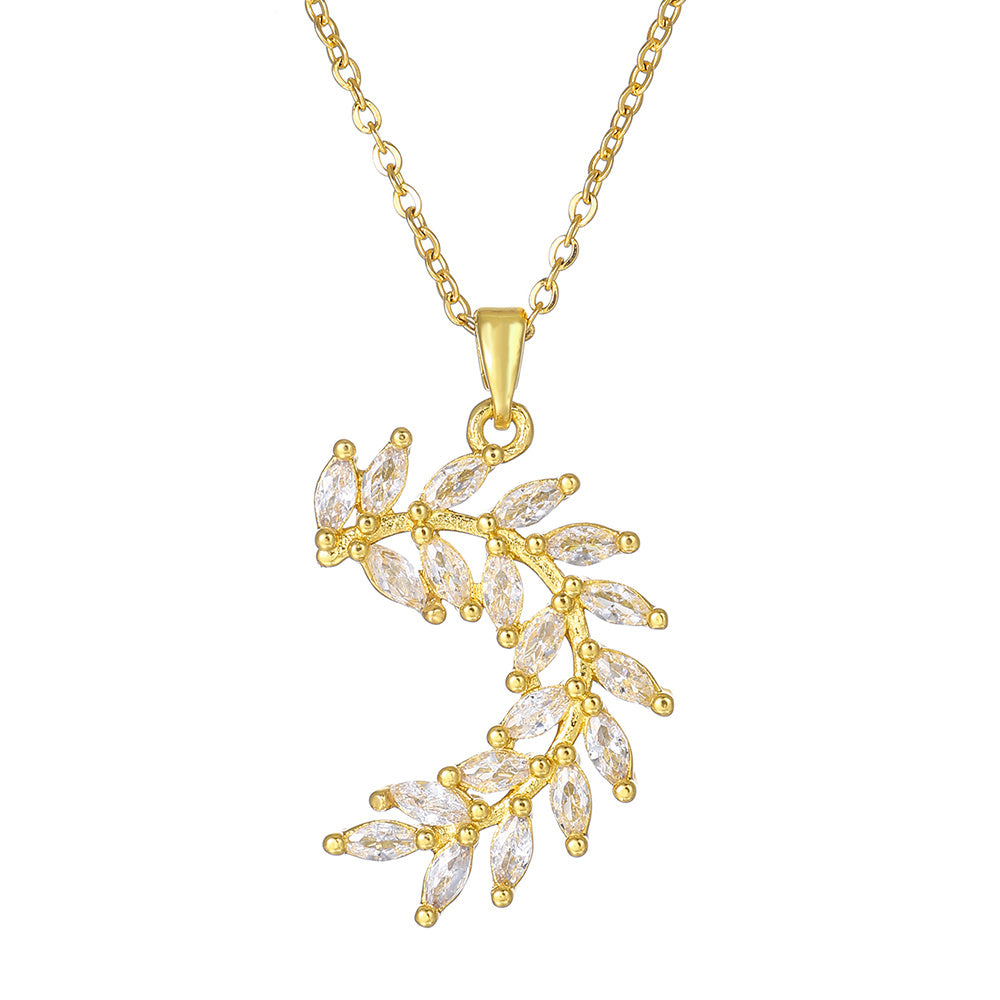 1pcsFashionable Sparkling Zircon Leaf Pendant Necklace, Imitation Diamond Wheat Ear Leaf Collarbone Chain, Suitable For Women's Daily Holiday Wear, Engagement Jewelry - URBAN METRO