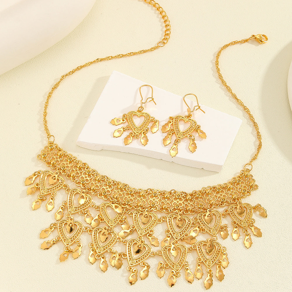 3pcs Fashionable Retro Luxury Heart-shaped Hollow Necklace Earrings Women's Set, Suitable For Party And Dance Gifts, Daily Wear - URBAN METRO