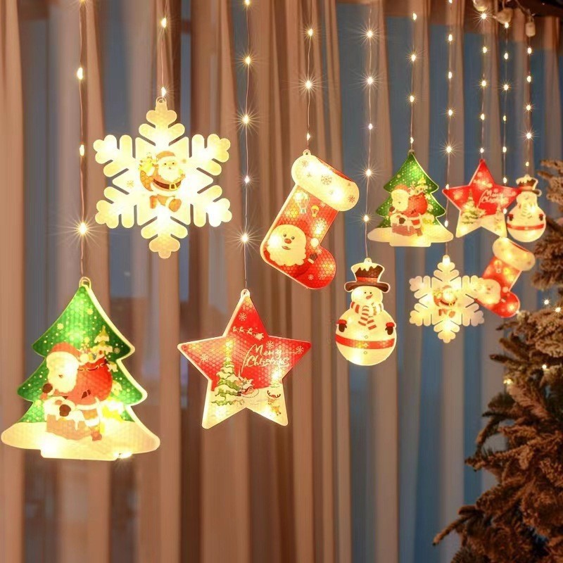 Painted Christmas Curtain Lights – LED Holiday Window Decorations with Santa, Tree & Snowflake Designs