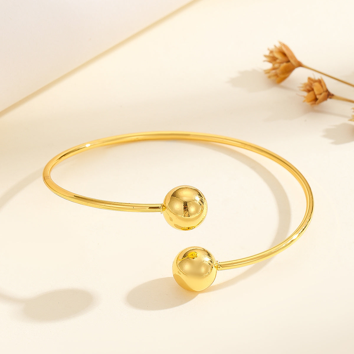 1pcs Copper Plated 18k Gold Double Headed Bead Opening Bracelet, With A Simple Temperament For Women, Suitable For Gatherings, Gifts, And Daily Wear - URBAN METRO
