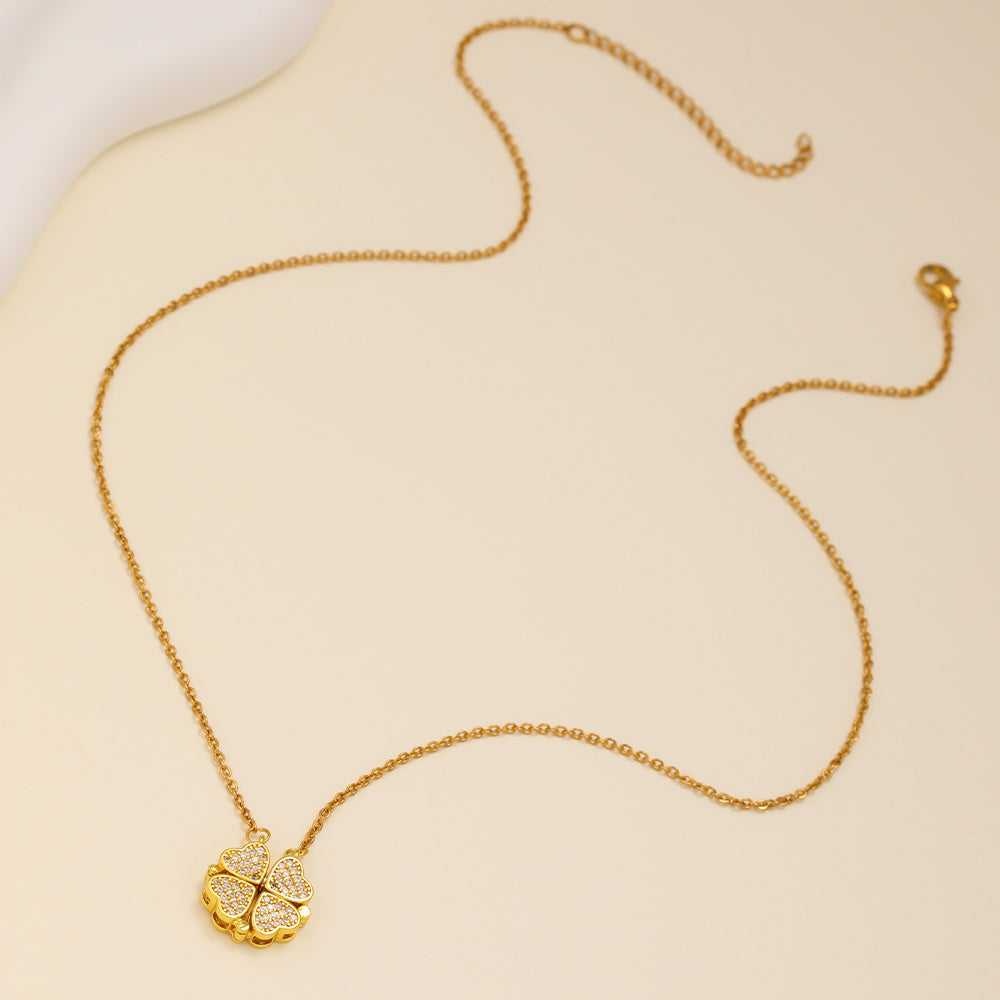 1pcs Fashionable Zircon Heart-shaped Necklace With A Magnetic Folding Four Leaf Heart-shaped Connection, Suitable For Women's Daily Wear And Jewelry Pairing For Dinner Parties - URBAN METRO
