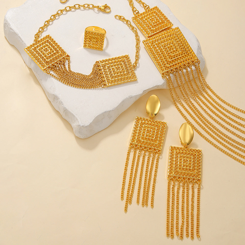 5pcs Fashion Ladies 18k Gold Plated Jewelry Set Tassel For Holiday Wear, Wedding Scene Jewelry, Multi-layered Temperament Wedding Jewelry - URBAN METRO