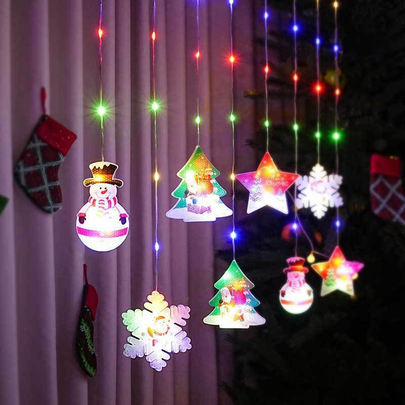 Painted Christmas Curtain Lights – LED Holiday Window Decorations with Santa, Tree & Snowflake Designs