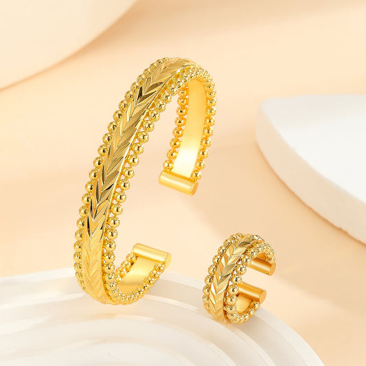 2pcs Vintage Gold Plated Bracelet, Open Bracelet Ring Jewelry, Women's Festival Wedding Jewelry Set - URBAN METRO