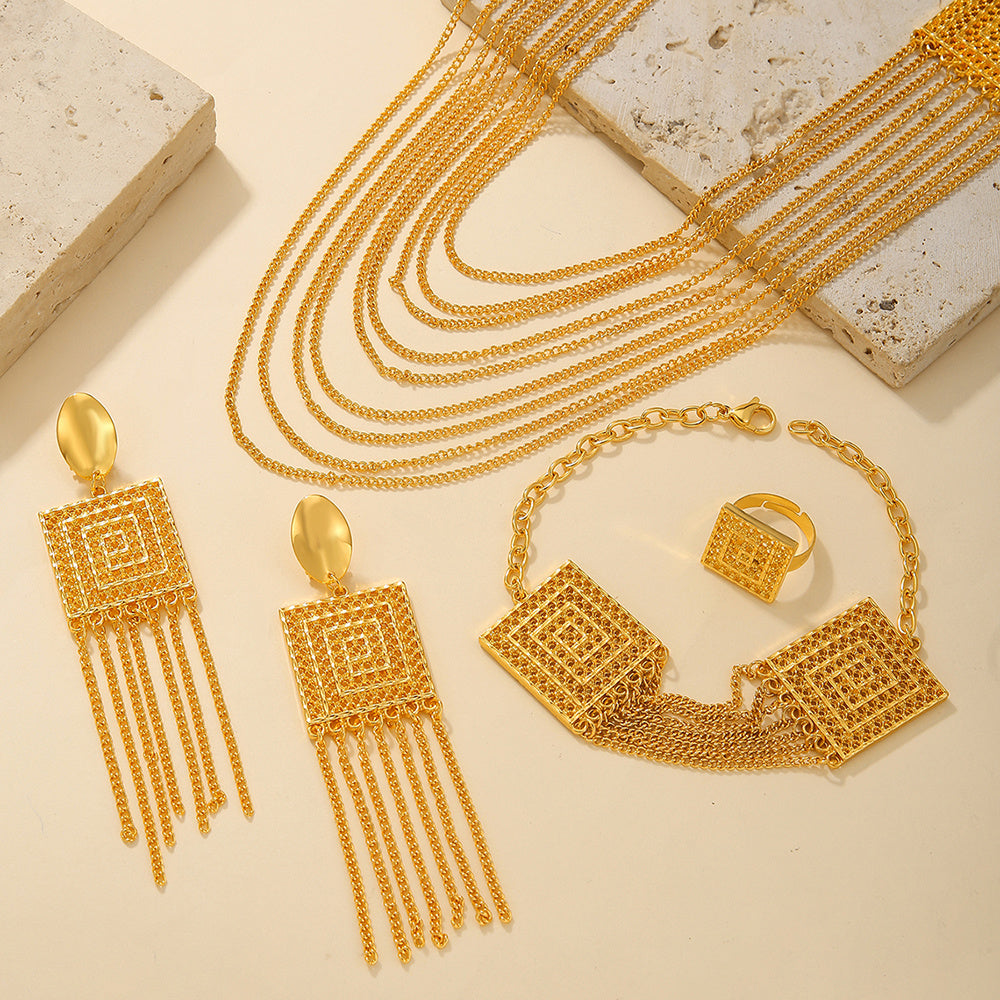 5pcs Fashion Ladies 18k Gold Plated Jewelry Set Tassel For Holiday Wear, Wedding Scene Jewelry, Multi-layered Temperament Wedding Jewelry - URBAN METRO