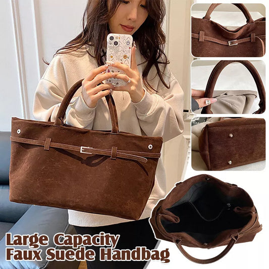 Decorative Design Solid Faux Suede Handbag Large Capacity Casual Tote Bags For Women Tote Design Portable Shoulder Bag - URBAN METRO