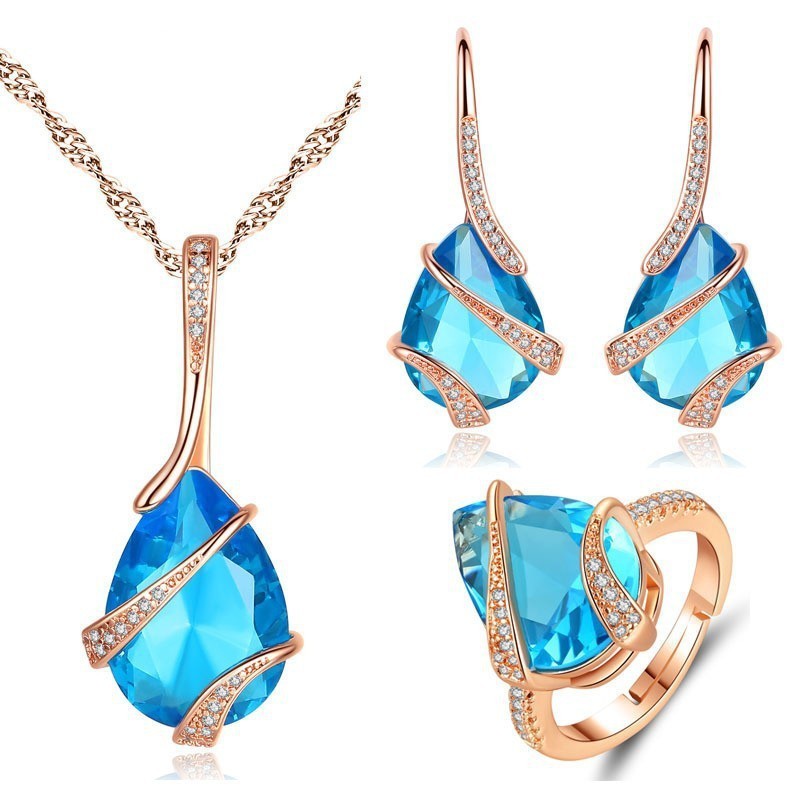 Three-piece Set Colored Gems Set Rings Necklace Earrings - URBAN METRO