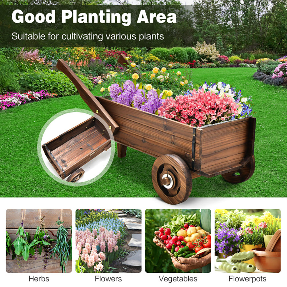 Wooden Wagon Planter Box With Wheels Handles And Drainage Hole - URBAN METRO