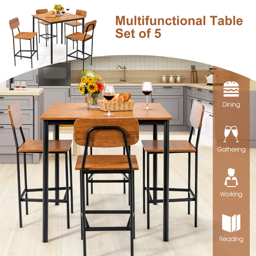 5 Pieces Industrial Dining Table Set With Counter Height Table And 4 Bar Stools - URBAN METRO