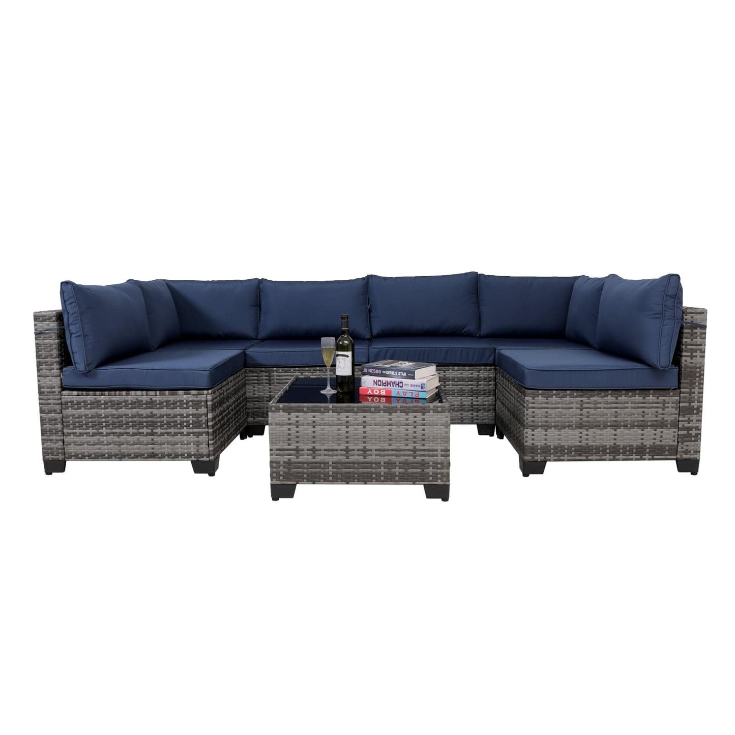 7 Pieces Outdoor Rattan Patio Sectional Set, Black Wicker Furniture Conversation Sets With Washable Cushions & Glass Coffee Table For Garden, Poolside, Backyard - URBAN METRO
