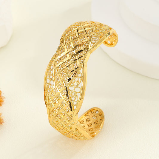 1pcs Fashion Copper Plated 18K Gold Diamond Pattern Bracelet, Fried Dough Twists Rope Open Bracelet - URBAN METRO