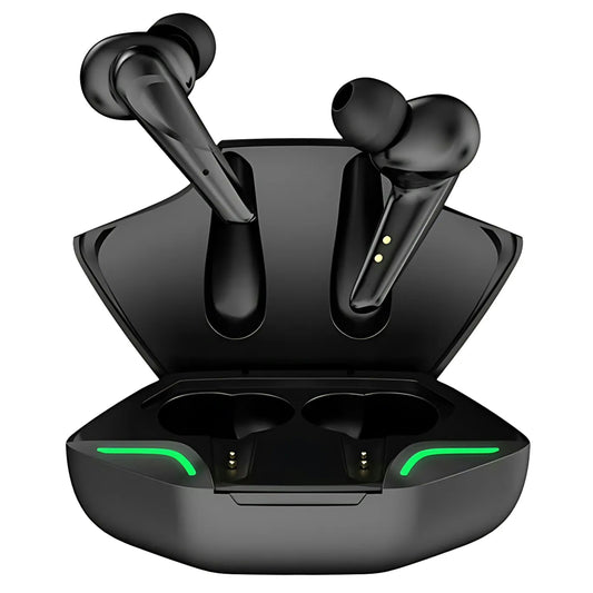 Black wireless earbuds with charging case on a white background