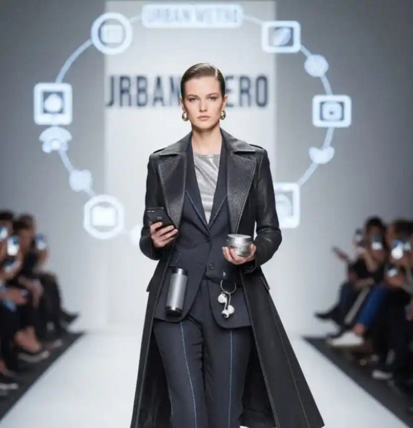 Model on a fashion runway wearing a long coat and holding a phone and cup, with 'Urban Metro' branding in the background.