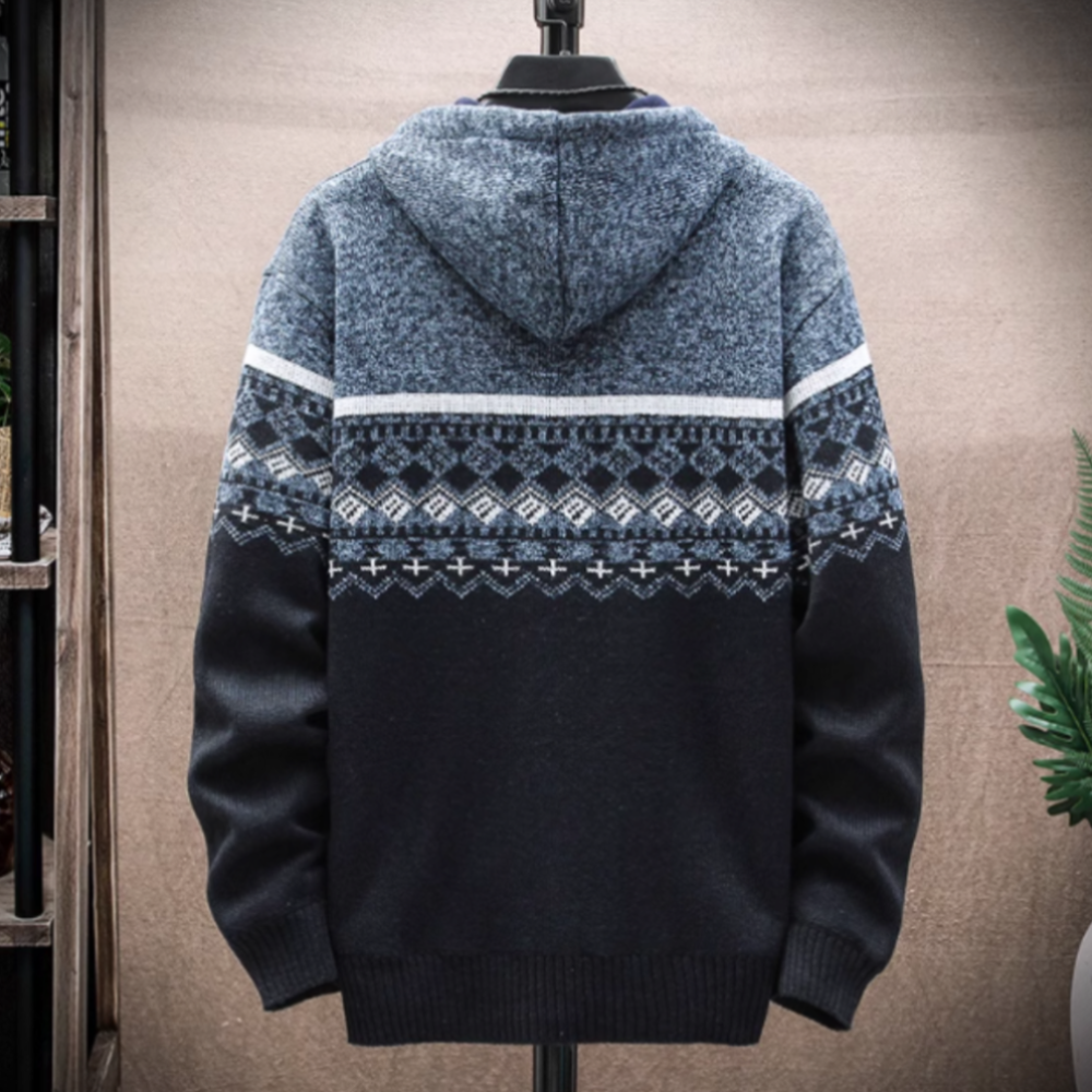 Mens winter hooded knit jacket with zip-up closure and patterned design