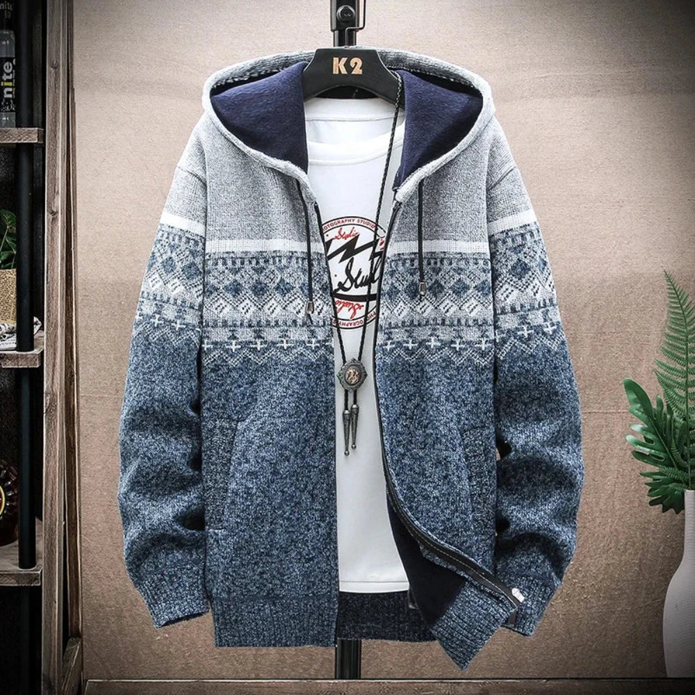 Mens winter hooded knit jacket with zip-up closure and patterned design