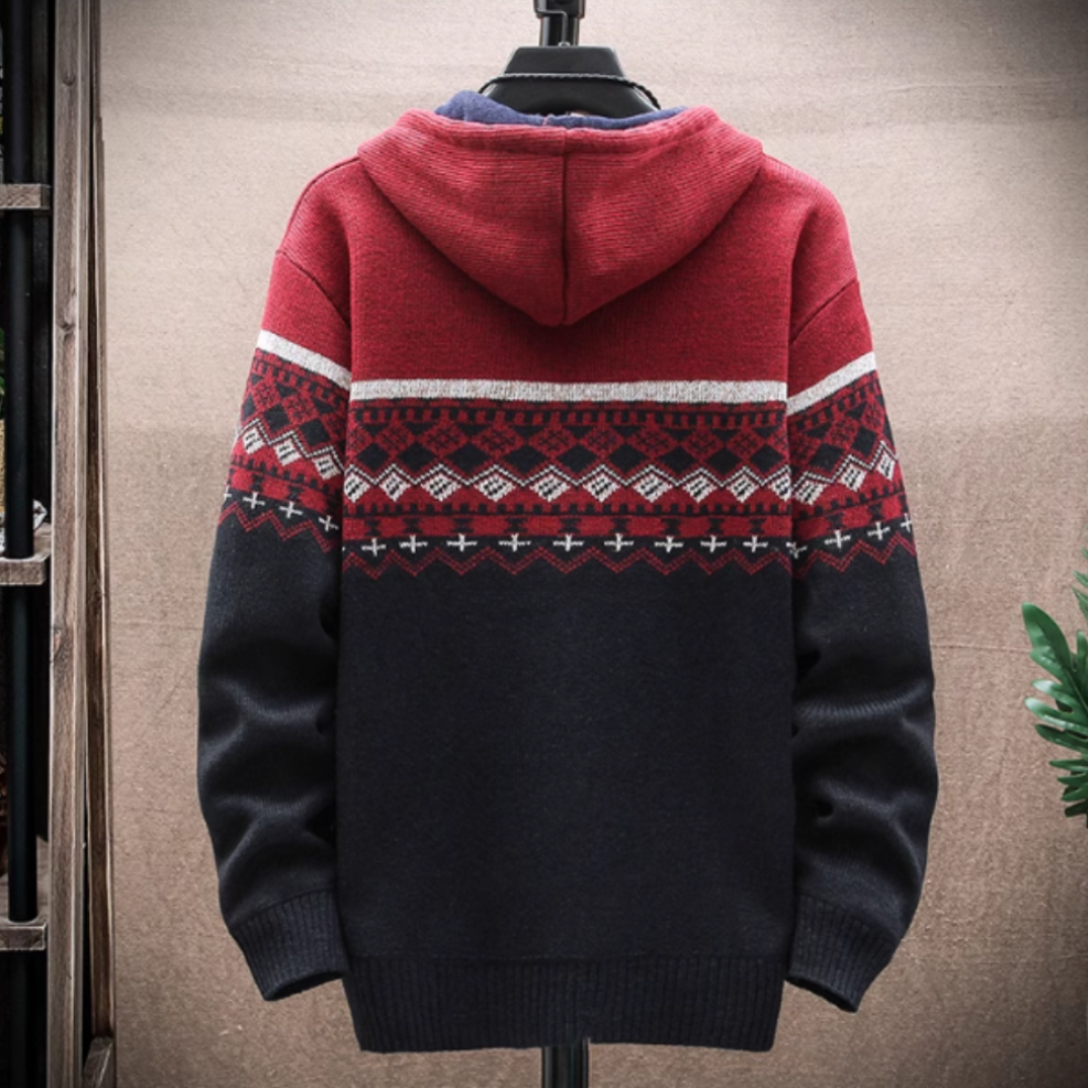 Mens winter hooded knit jacket with zip-up closure and patterned design