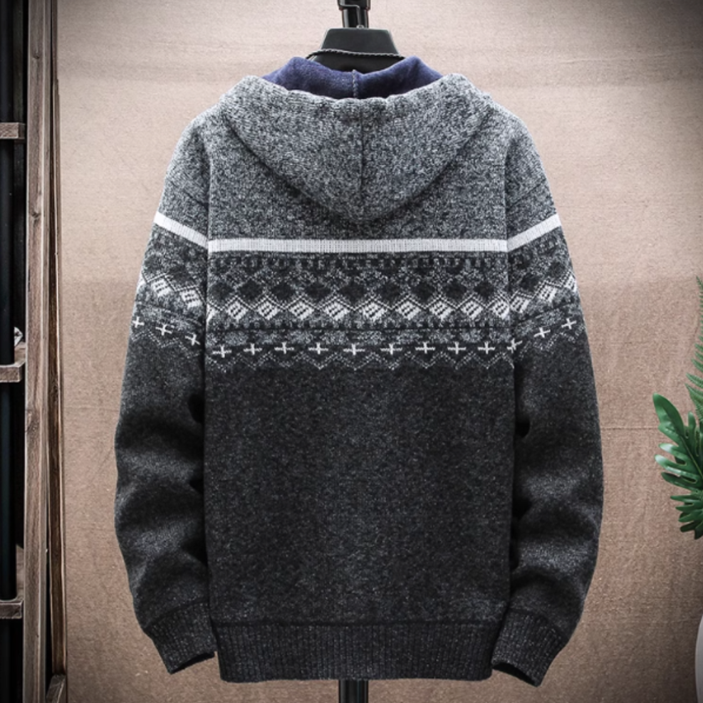 Mens winter hooded knit jacket with zip-up closure and patterned design