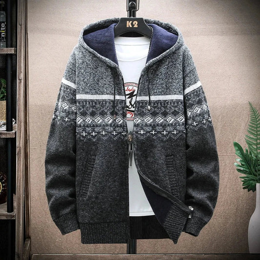 Mens winter hooded knit jacket with zip-up closure and patterned design