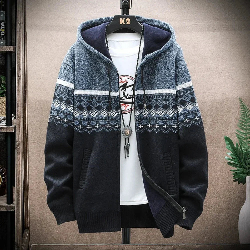 Mens winter hooded knit jacket with zip-up closure and patterned design