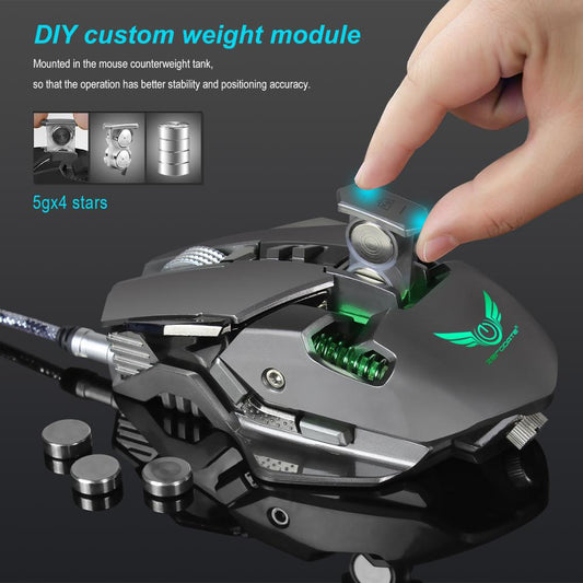Gaming mouse with DIY custom weight module and hand adjusting weight.