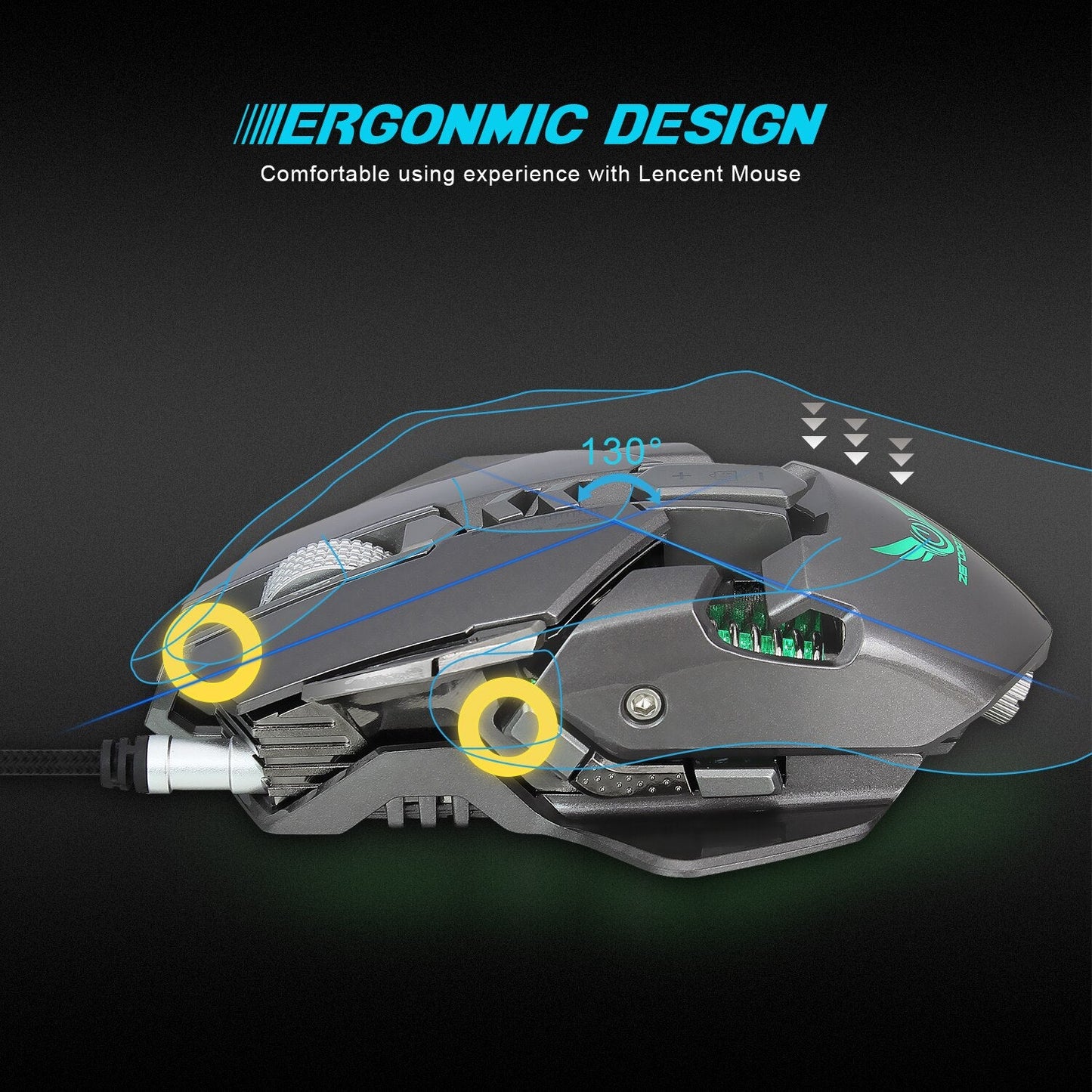 Ergonomic gaming mouse with highlighted design features.