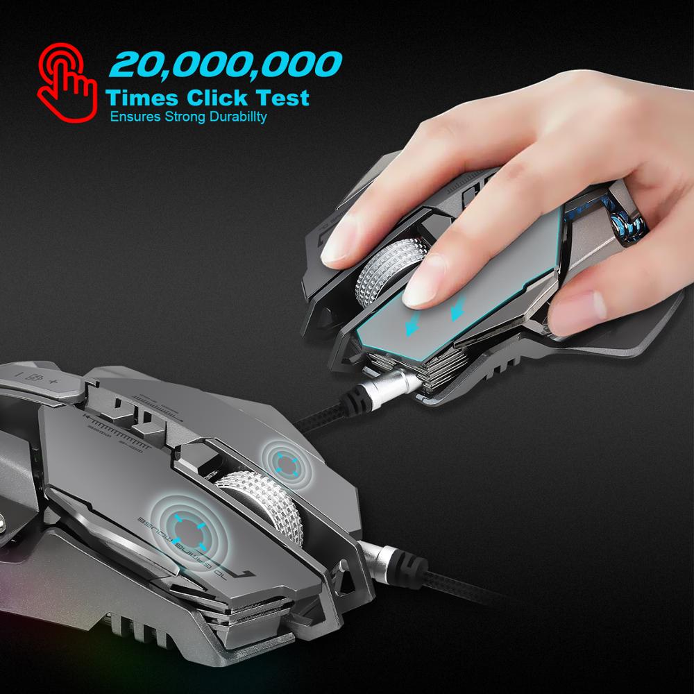 Hand holding a gaming mouse with text indicating a 20,000,000 click test for durability.