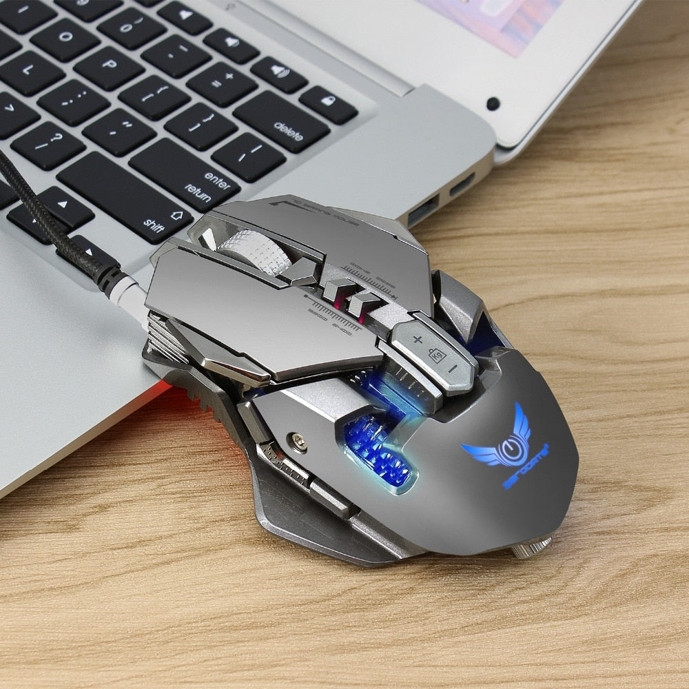 Mechanical gaming mouse with blue LED lights.