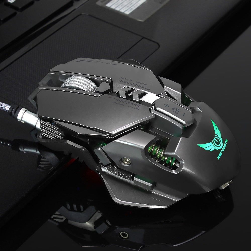 Gaming mouse with intricate design and brand logo 