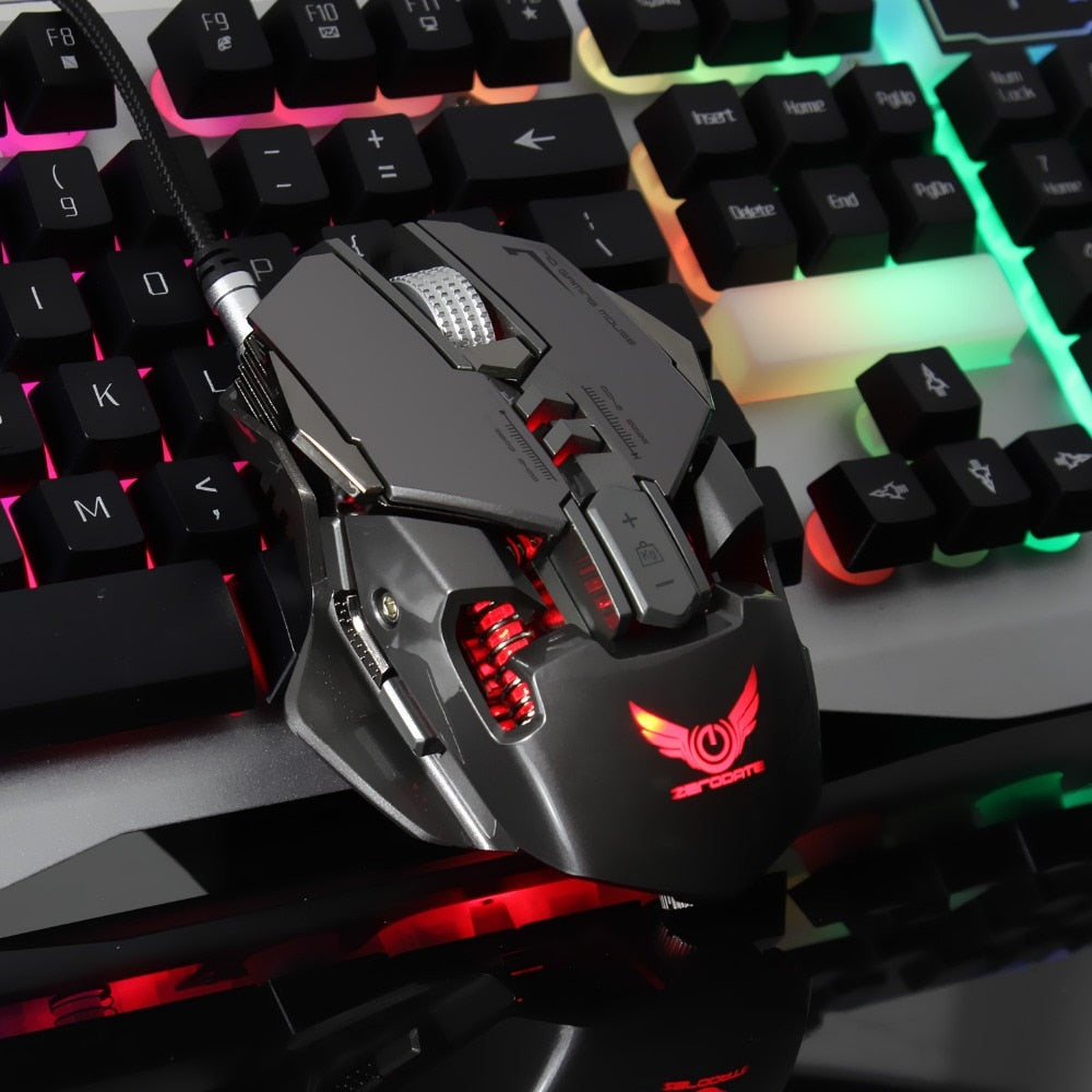 Gaming mouse with red accents on a keyboard with RGB lighting