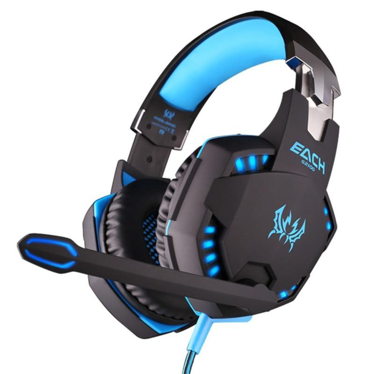 Black gaming headset with blue LED lights on a white background