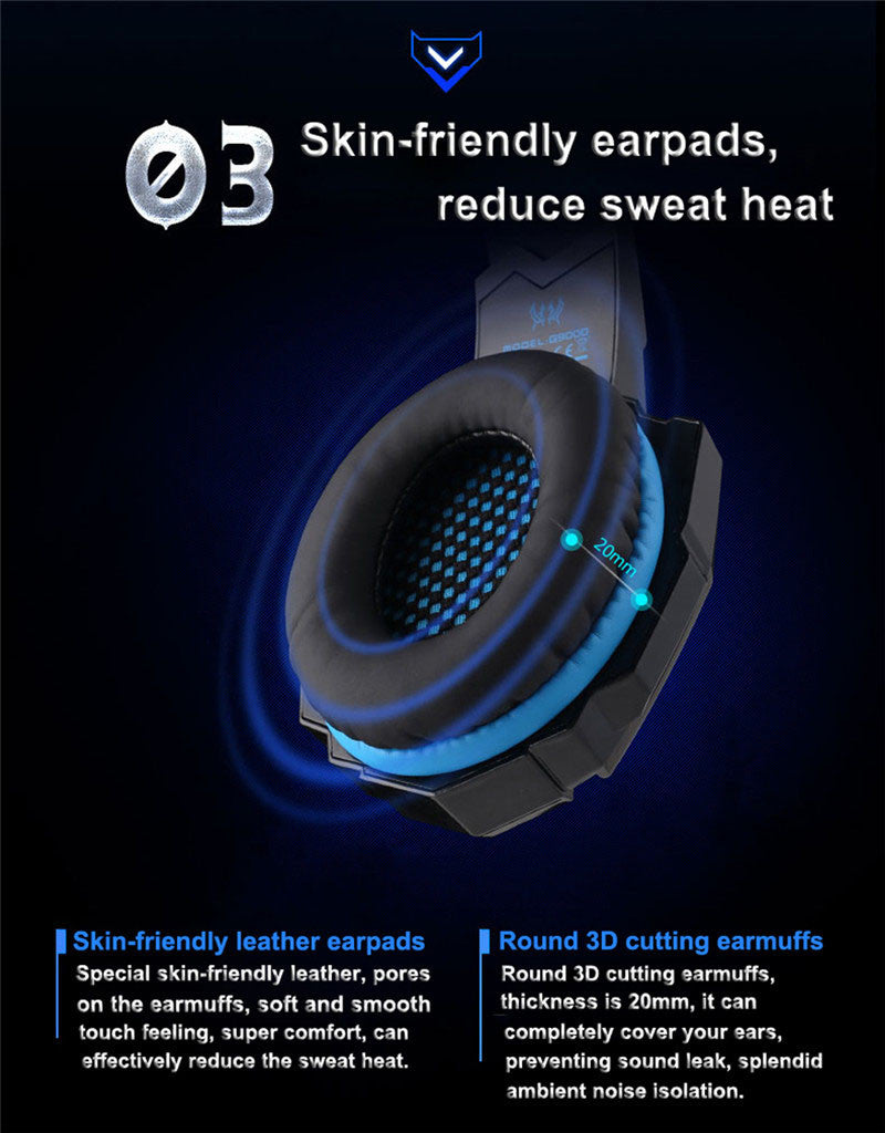 Gaming headset with text highlighting skin-friendly earpads and sweat heat reduction 