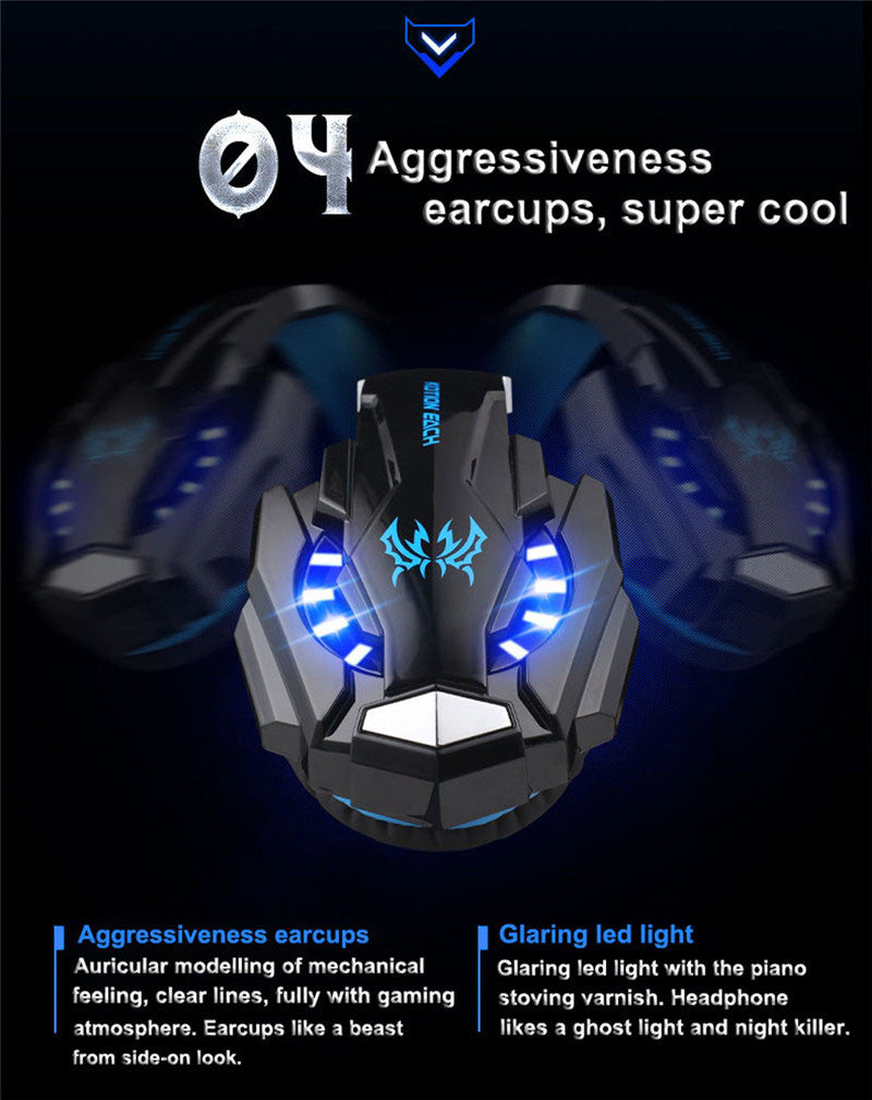 Black gaming headset with blue LED lights .