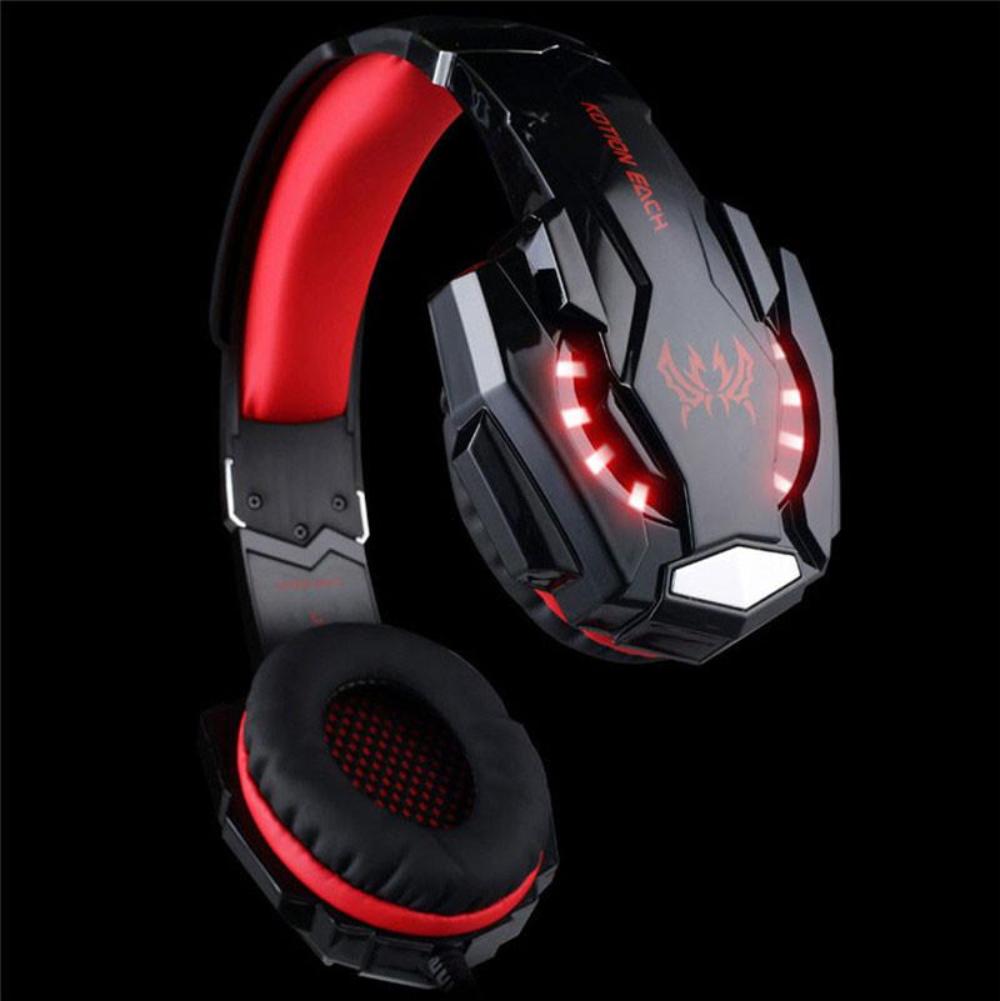 Black and red gaming headset with LED lights .