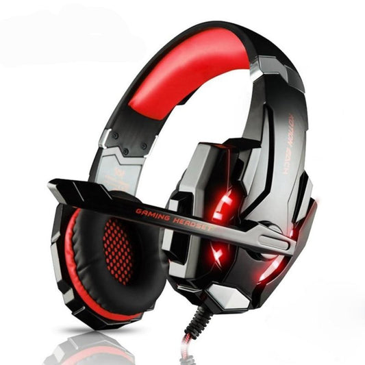Gaming headset with red and black design .
