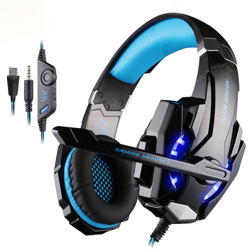 Gaming headset with blue lights and USB cable.