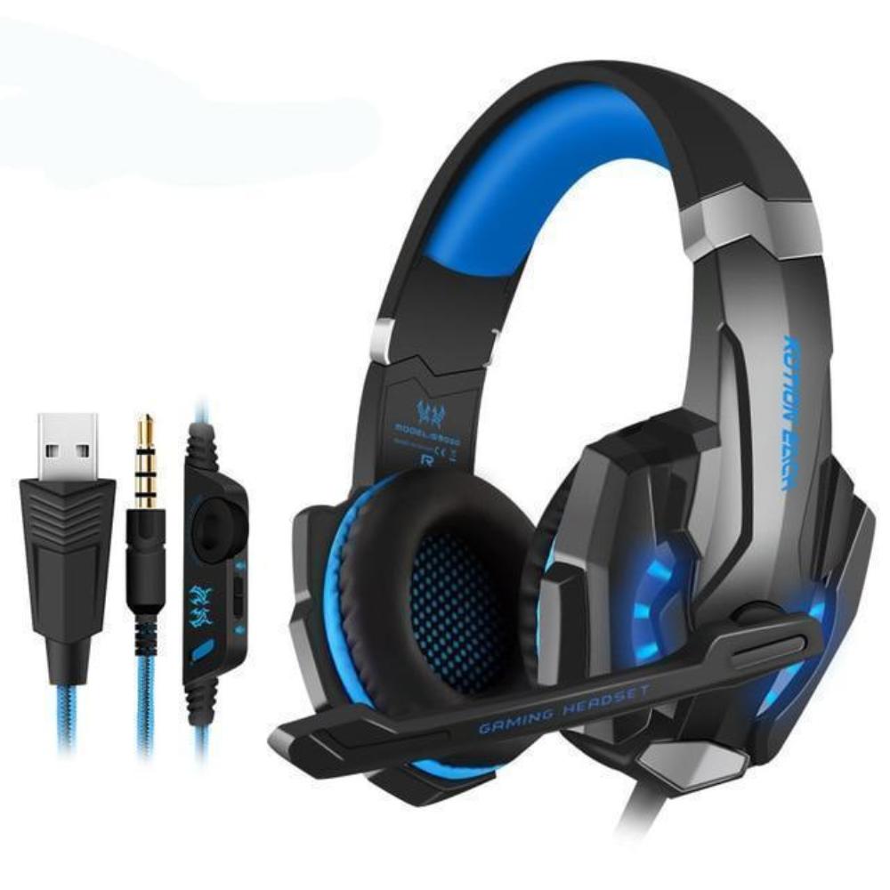 Gaming headset with USB and 3.5mm cables.