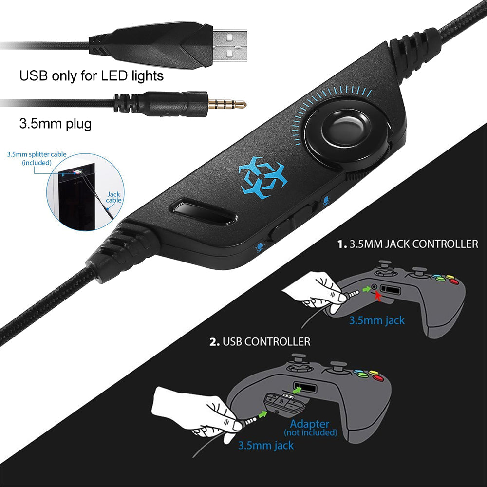 Gaming controller adapter with USB and 3.5mm jack connections.