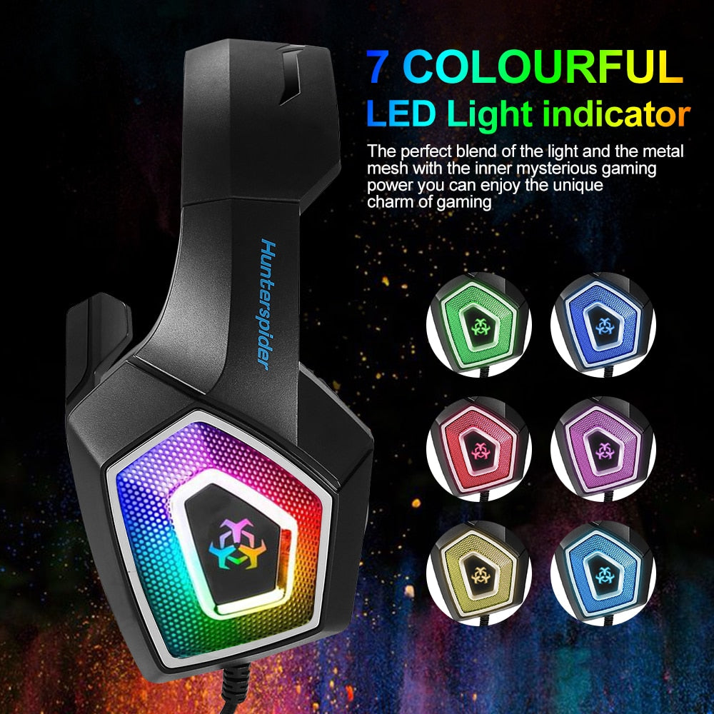 Gaming headset with RGB lighting and colorful LED indicators.
