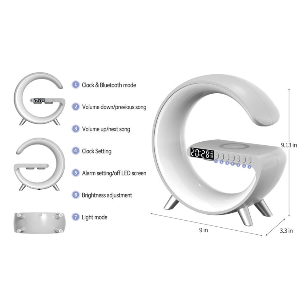 White crescent moon-shaped clock with Bluetooth and alarm functions.