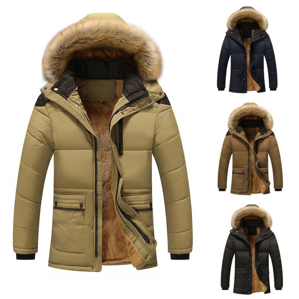 Collage of a beige winter jacket with fur-lined hood and interior.