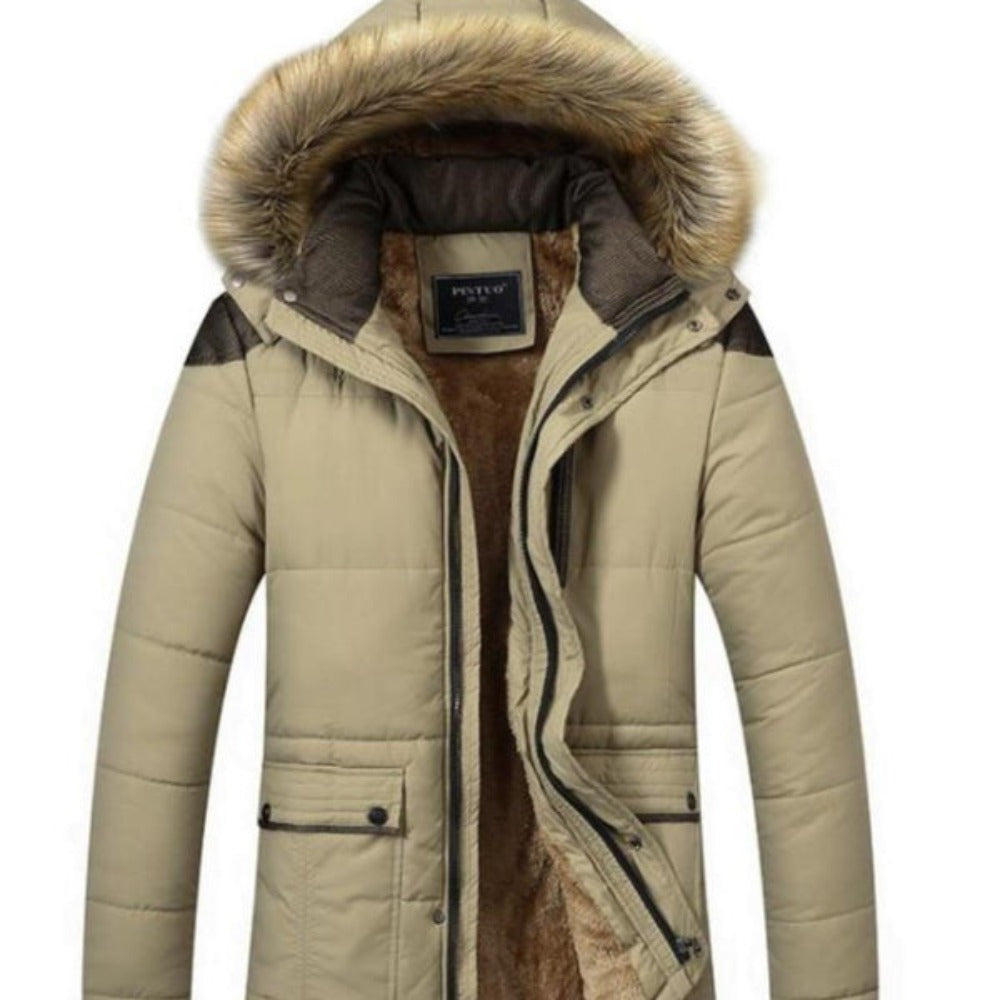 Beige winter coat with fur-lined hood 